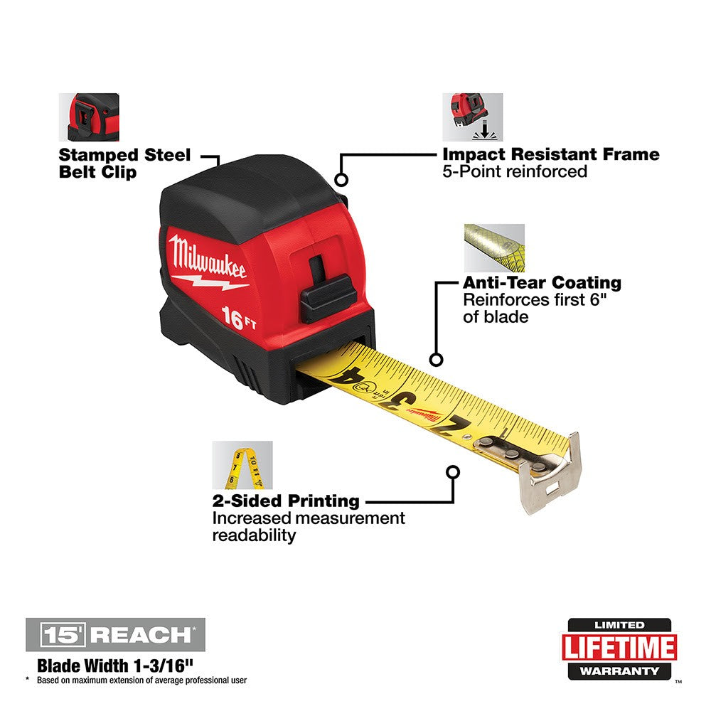Milwaukee 48-22-0416 16 Compact Wide Blade Tape Measure
