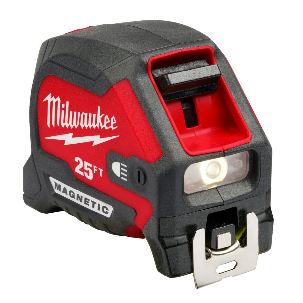 Milwaukee 48-22-0428 25 Compact Wide Blade Magnetic Tape Measure w/ Rechargeable 100 Lumen LED Light