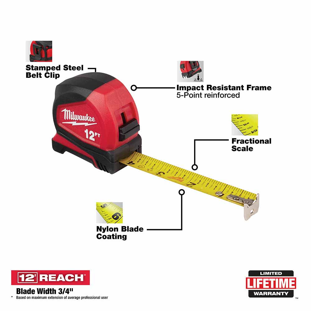 Milwaukee 48-22-6612 12 Compact Tape Measure