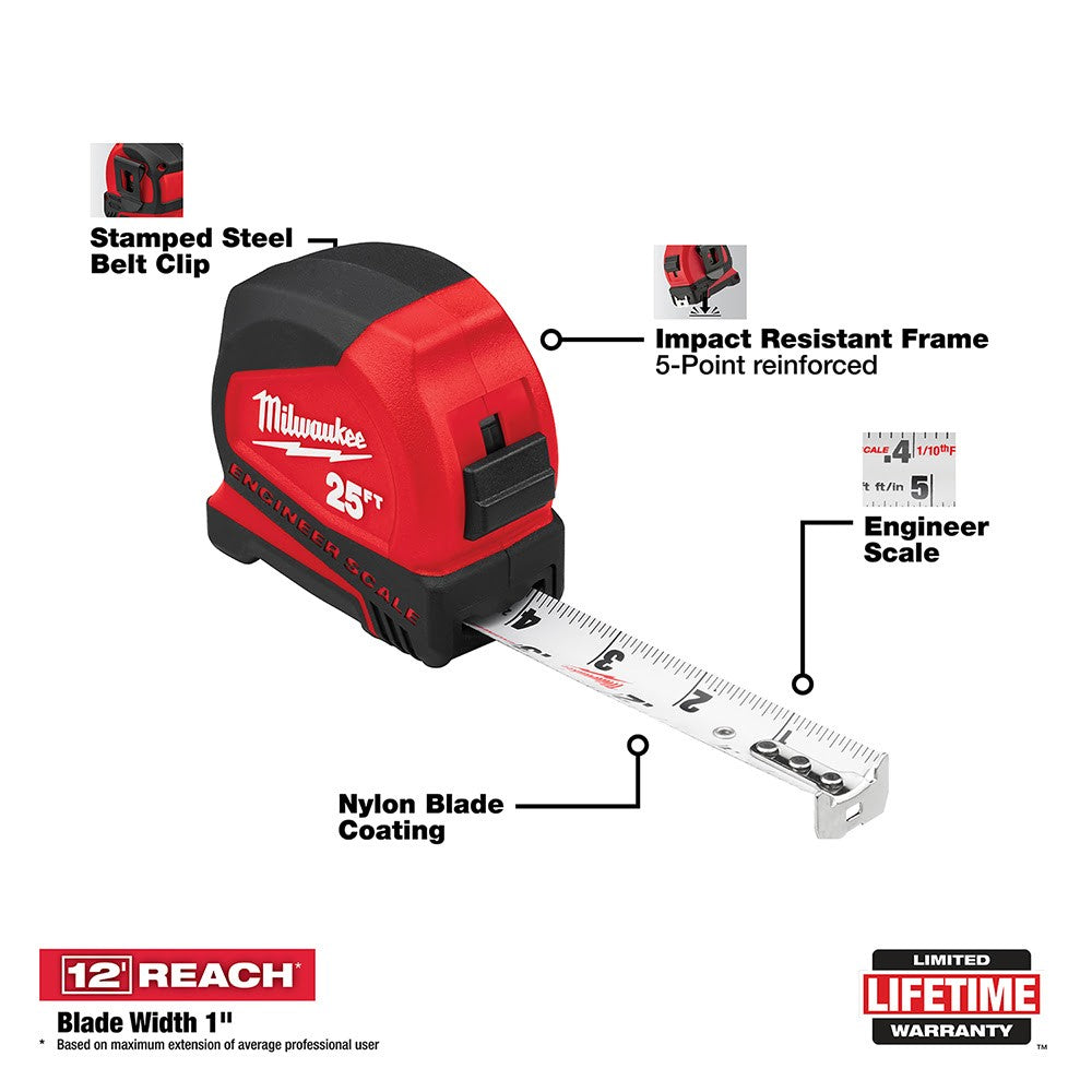 Milwaukee 48-22-6625E 25 Compact Tape Measure w/ Engineer Scale