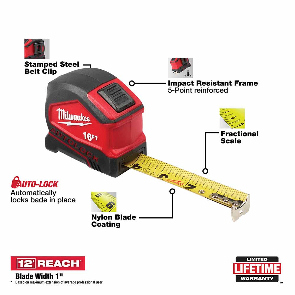Milwaukee 48-22-6816 16Ft Compact Nylon Bond Blade Protection Auto Lock Tape