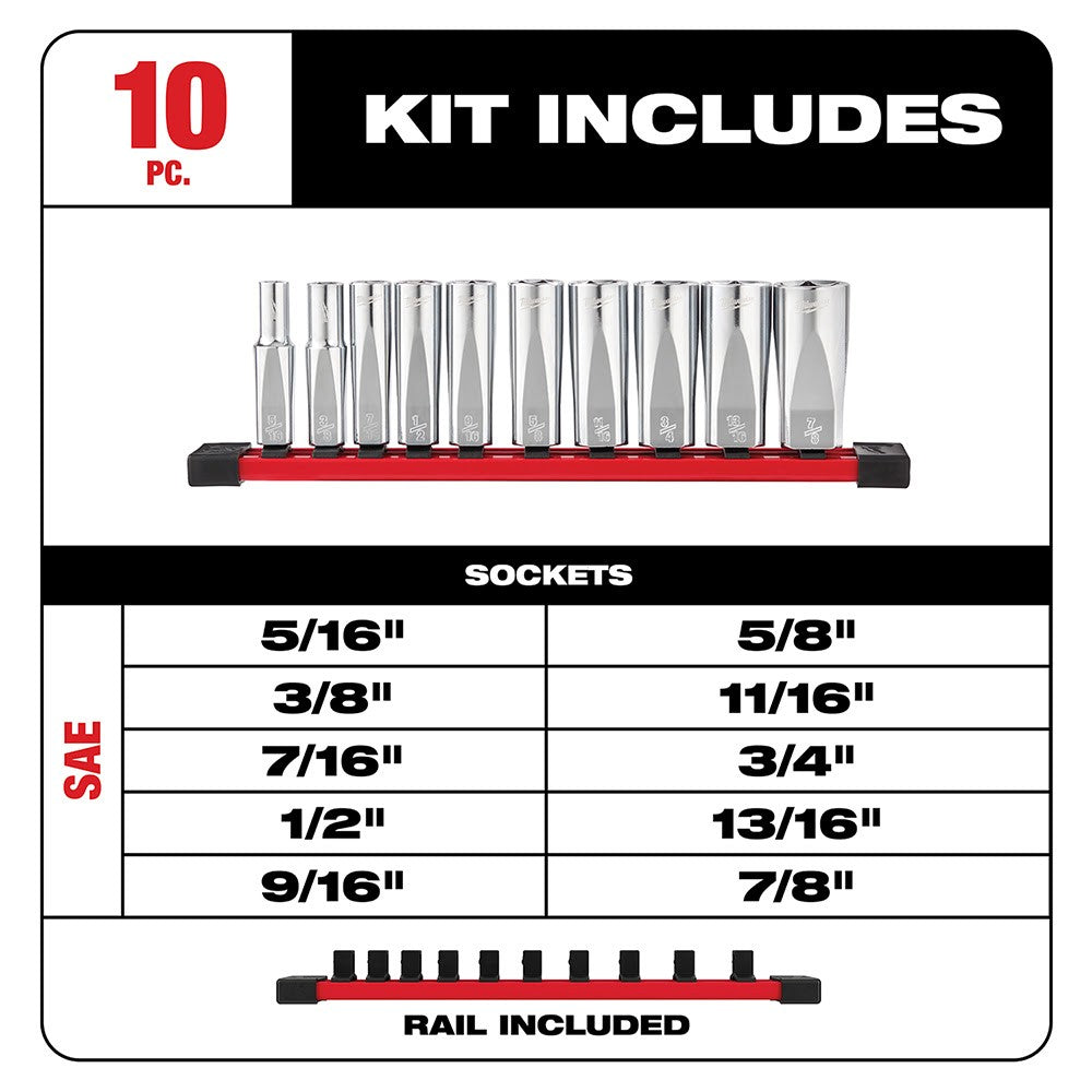 Milwaukee 48-22-9405 3/8 Drive 10Pc Deep Well Socket Set - SAE