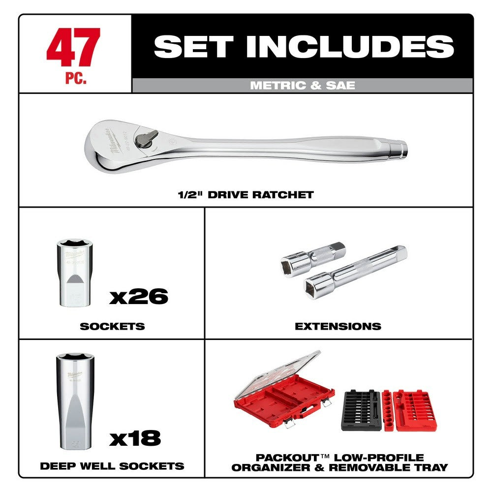 Milwaukee 48-22-9487 47Pc 1/2 Drive Ratchet & Socket Set with PACKOUT Organizer