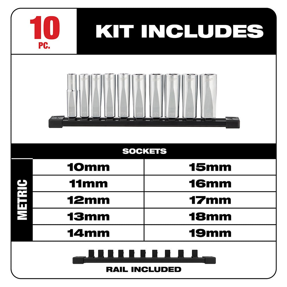 Milwaukee 48-22-9505 3/8 Drive 10Pc Deep Well Socket Set - Metric