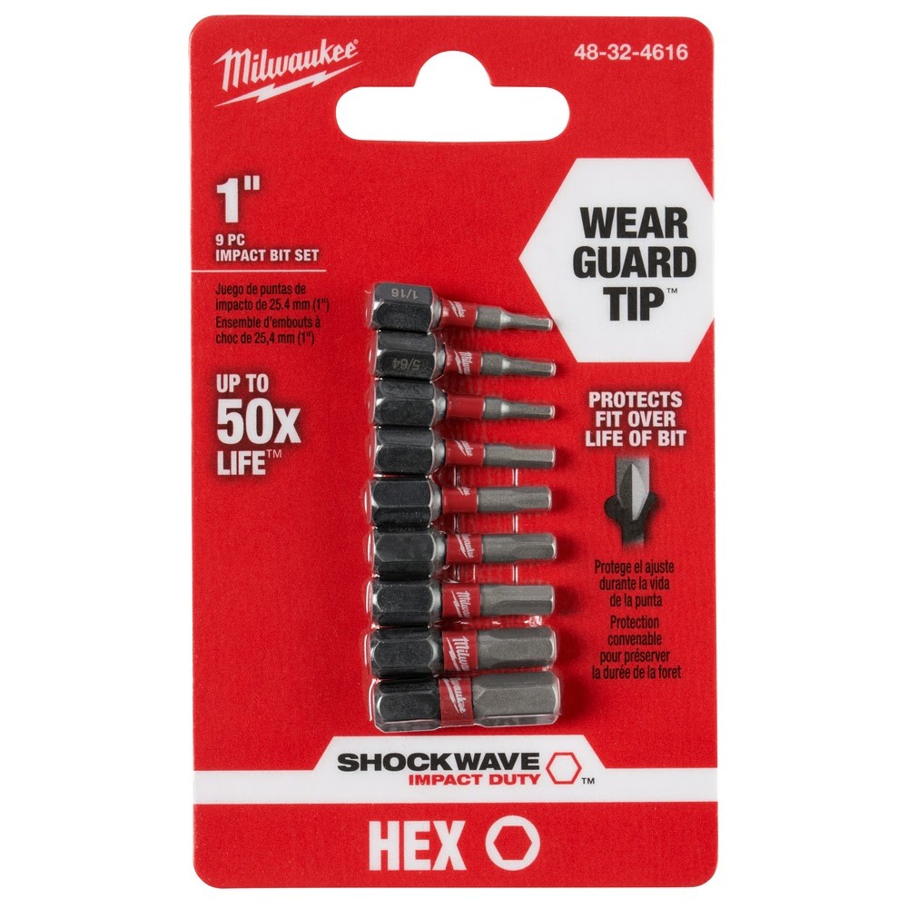Milwaukee 48-32-4616 SHOCKWAVE 9Pc 1 SAE Hex Impact Bit Set