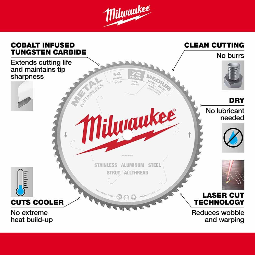 Milwaukee 48-40-4505 Circular Saw Blade 14, 72 Tooth Dry Cut Carbide Tipped