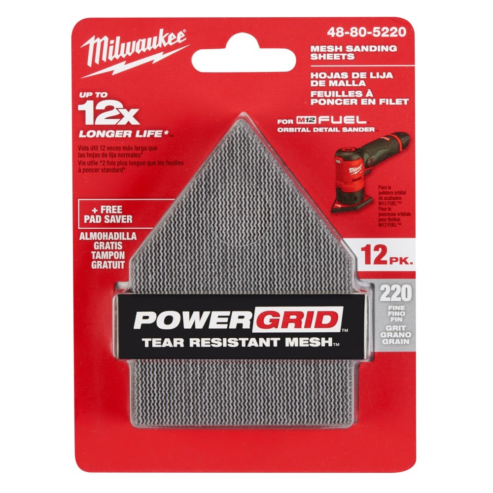 Milwaukee 48-80-5220 220 Grit Mesh Sanding Sheets for M12 FUEL Orbital Detail Sander 12-Pack