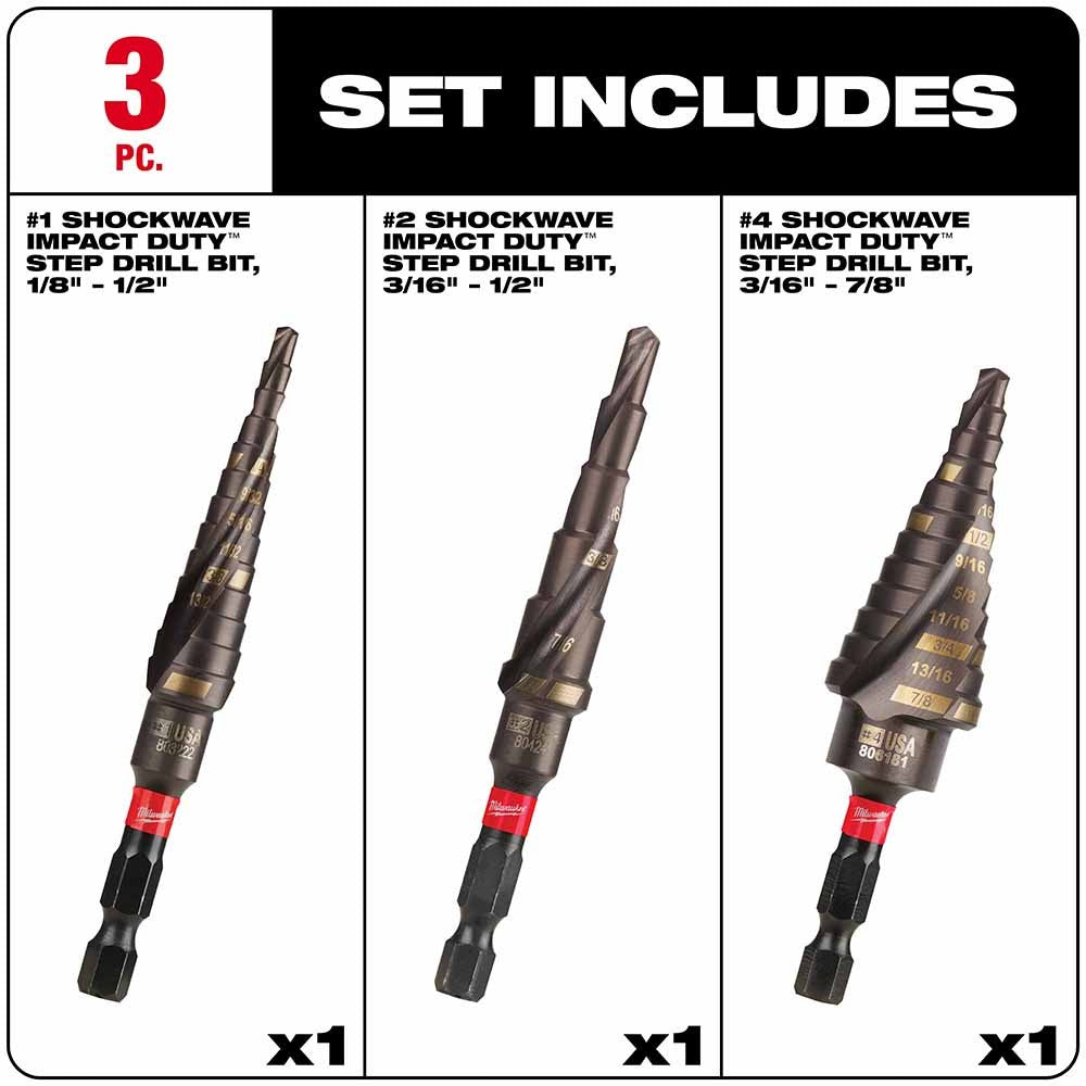 Milwaukee 48-89-9254 SHOCKWAVE Impact Duty Step Bit 3pc Set (#1, #2, #4)