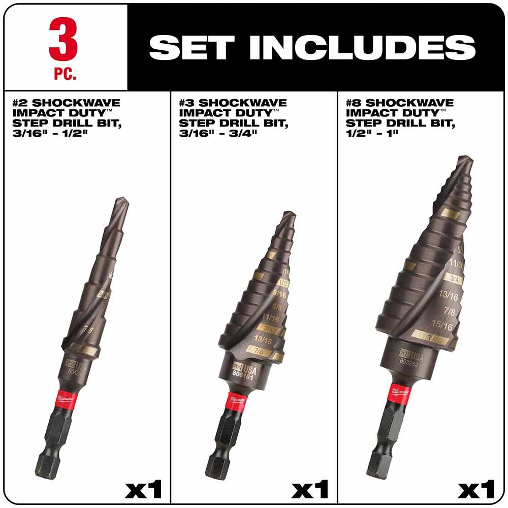 Milwaukee 48-89-9256 SHOCKWAVE Impact Duty Step Bit Mechanical Set (#2, #3, #8)