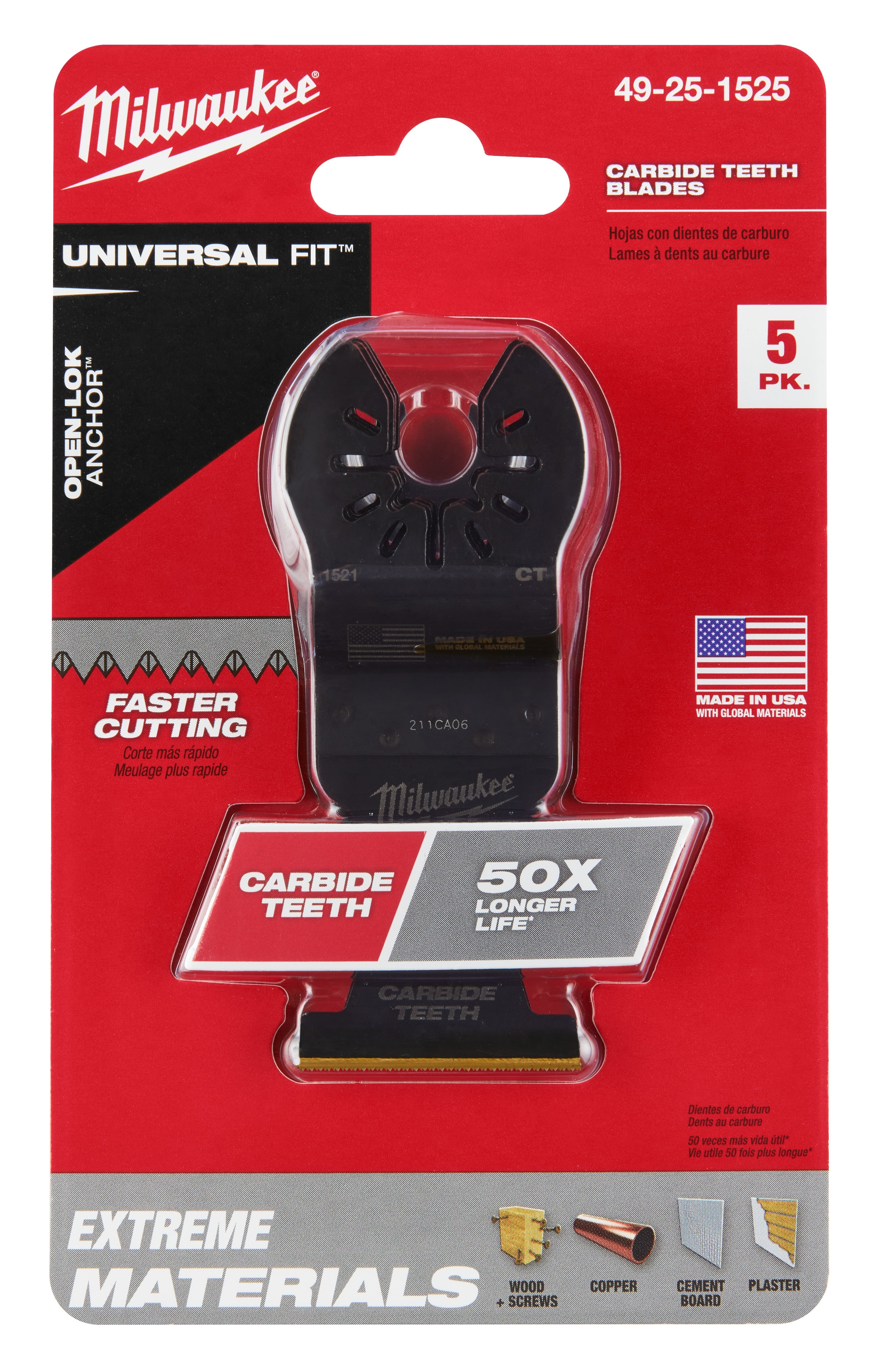 Milwaukee 49-25-1525 Milwaukee® OPEN-LOK™ 1-3/8 TITANIUM ENHANCED CARBIDE TEETH MULTI-MATERIAL BLADE 5PK