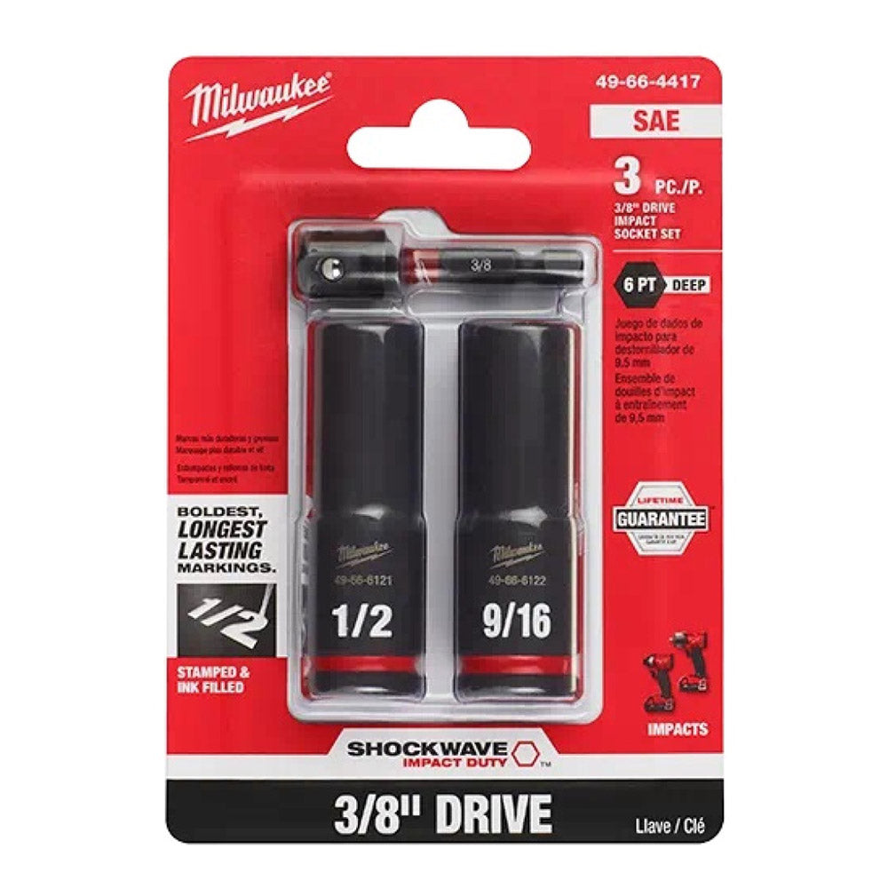 Milwaukee 49-66-4417 Shockwave 3Pc SAE Thin Wall Deep Impact Socket Set, 3/8 Drive