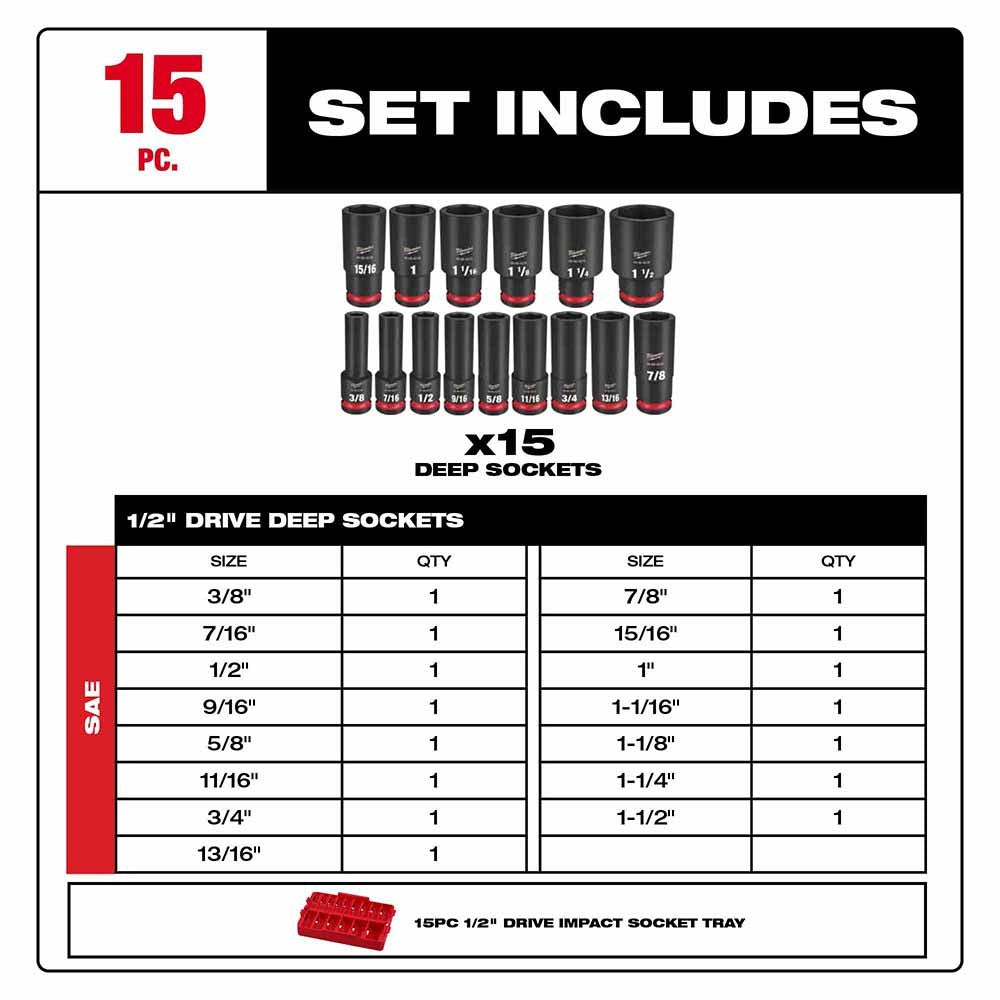 Milwaukee 49-66-6817 Shockwave Impact Duty Socket 1/2 Drive 15-Piece SAE Tray Set