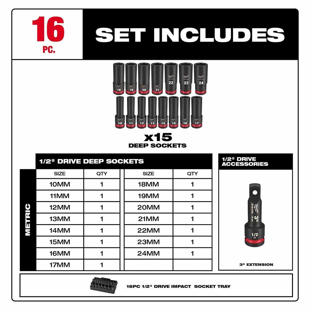 Milwaukee 49-66-6818 Shockwave Impact Duty Socket 1/2 Drive 16-Piece MM Tray Set