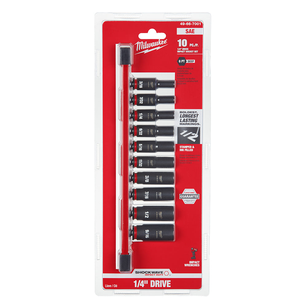 Milwaukee 49-66-7001 10Pc SHOCKWAVE Impact Duty™ 1/4 Drive SAE Deep 6 Point Socket Set