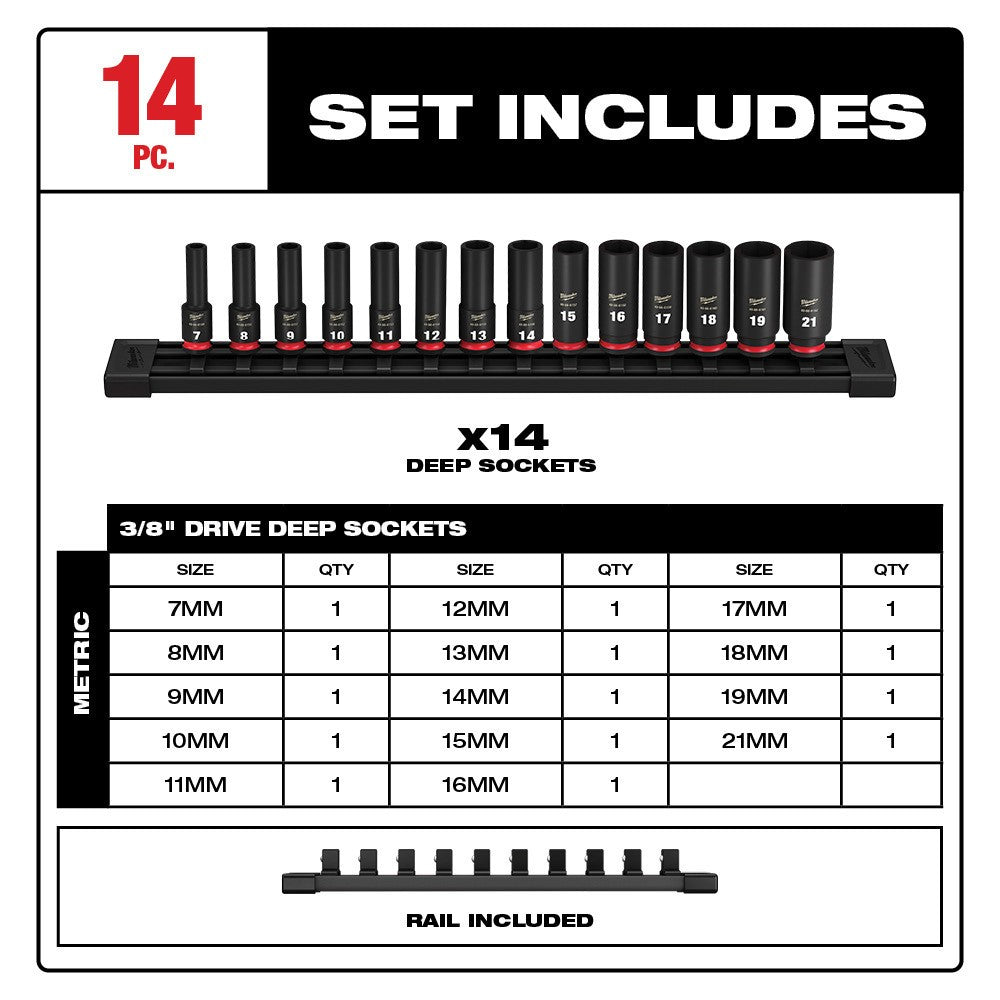 Milwaukee 49-66-7008 14Pc SHOCKWAVE Impact Duty™ 3/8 Drive Metric Deep 6 Point Socket Set
