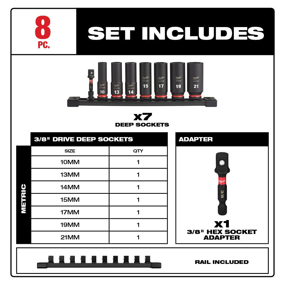 Milwaukee 49-66-7021 8PC SHOCKWAVE Impact Duty™ 3/8 Drive Metric Deep 6 Point Socket Set