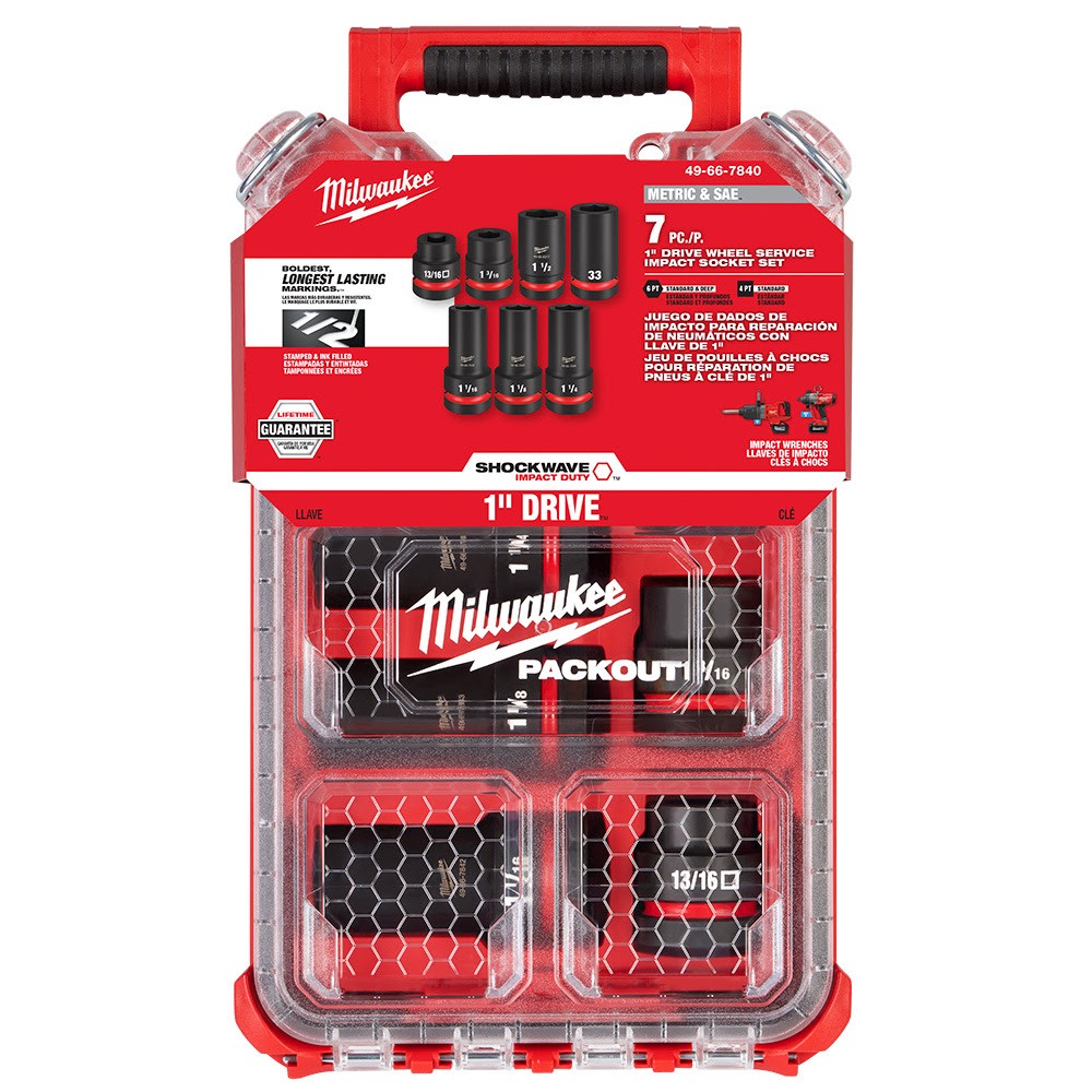 Milwaukee 49-66-7840 SHOCKWAVE Impact Duty 1”ќ Drive 7PC MM & SAE Wheel Service Socket PACKOUT Set
