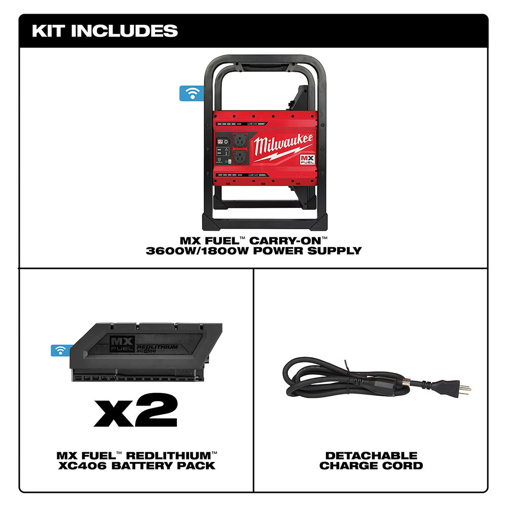 Milwaukee MXF002-2XC MX FUEL CARRY-ON Portable 3600W/1800W Push Start Battery Powered Power Supply Generator Kit w/ Two Batteries