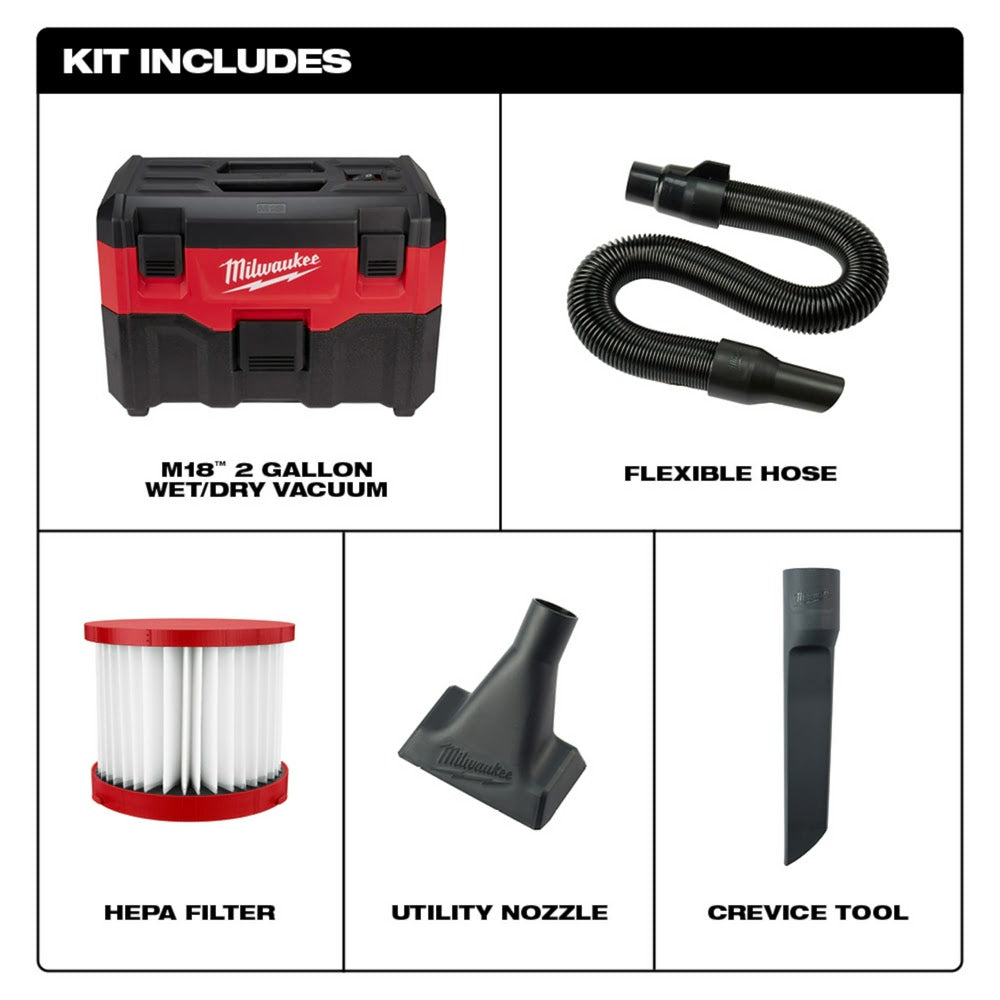 Milwaukee 0880-20 M18 2-Gallon Wet/Dry Vacuum (Tool Only)