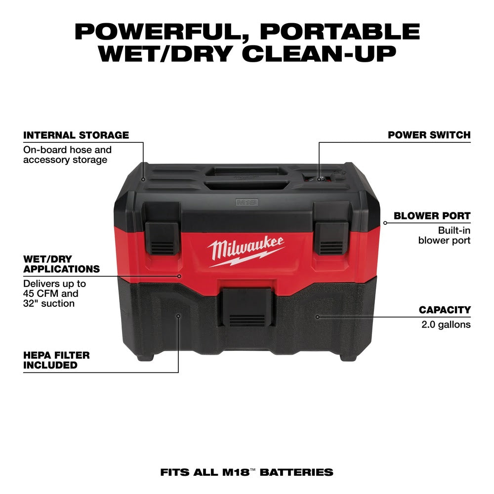 Milwaukee 0880-20 M18 2-Gallon Wet/Dry Vacuum (Tool Only)