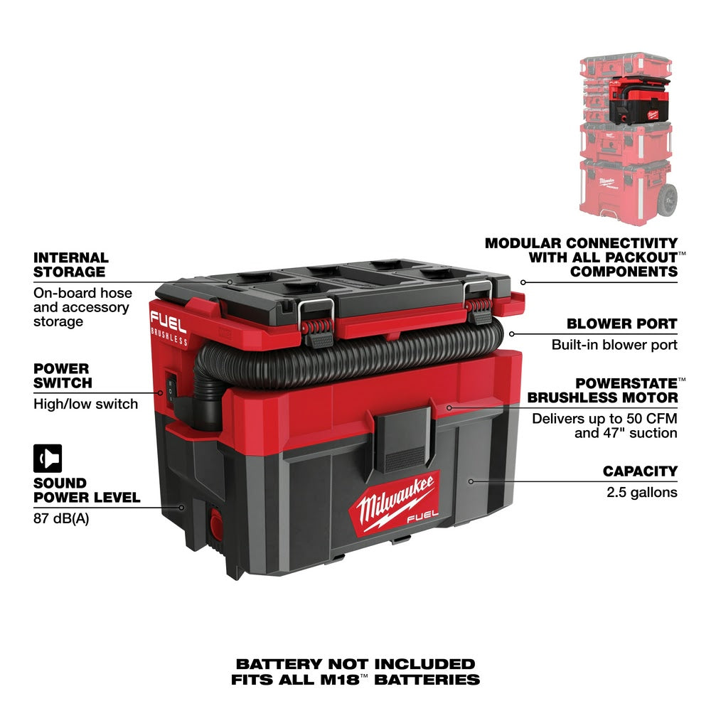 Milwaukee  0970-20 M18 FUEL PACKOUT 2.5 Gallon Wet/Dry Vacuum