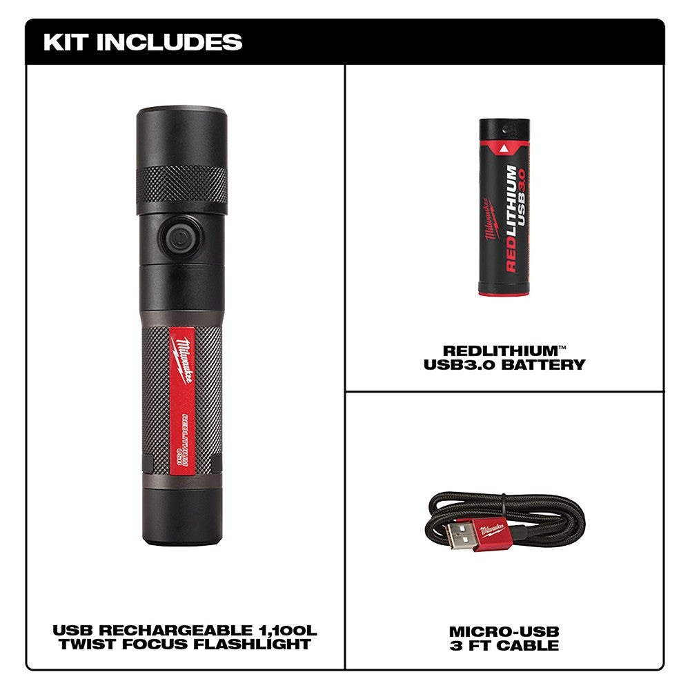 Milwaukee  2161-21 USB Rechargeable 1100L Twist Focus Flashlight