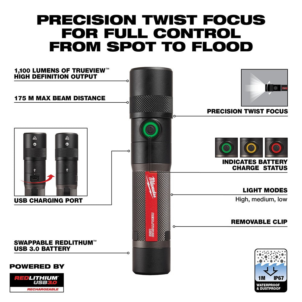 Milwaukee  2161-21 USB Rechargeable 1100L Twist Focus Flashlight