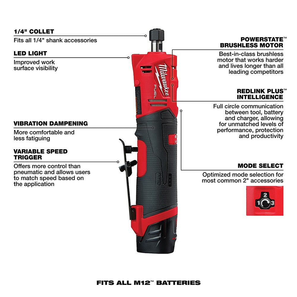 Milwaukee 2486-22 M12 FUEL Straight Die Grinder, 2 Battery Kit