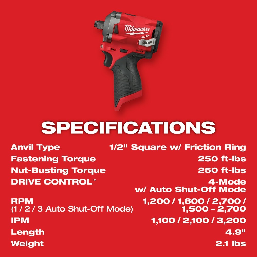 Milwaukee 2555-20 M12 FUEL Stubby 1/2 Impact Wrench, Bare Tool