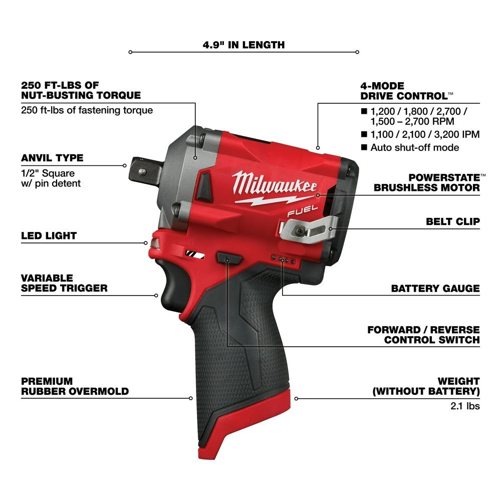 Milwaukee 2555P-20 M12 FUEL Stubby 1/2 Pin Impact Wrench, Bare