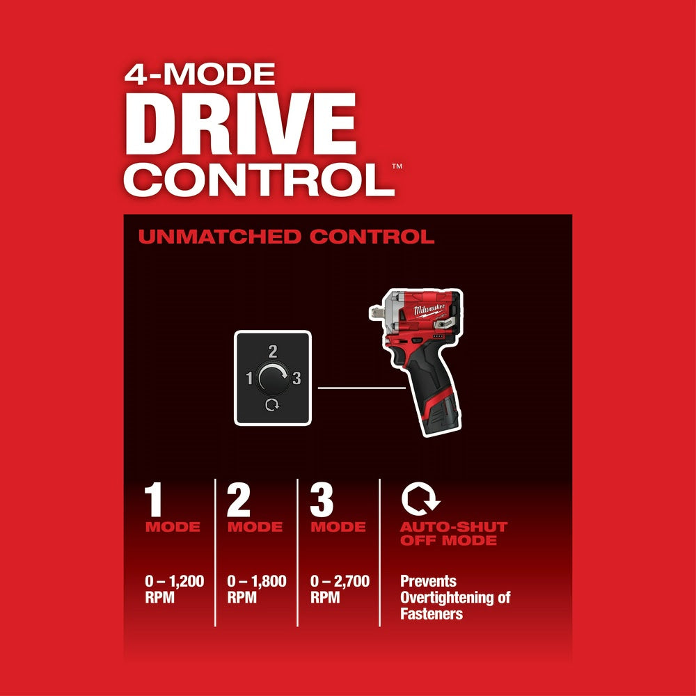 Milwaukee 2555P-20 M12 FUEL Stubby 1/2 Pin Impact Wrench, Bare