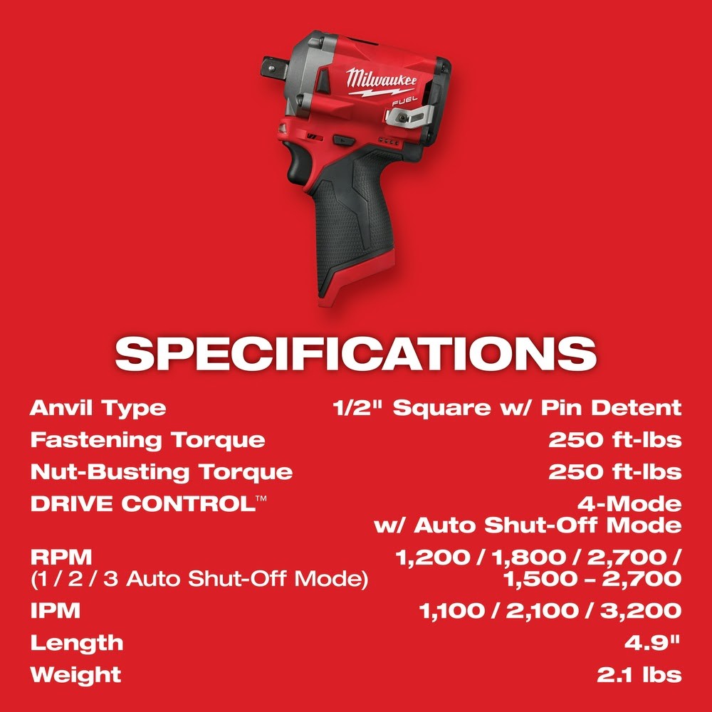 Milwaukee 2555P-20 M12 FUEL Stubby 1/2 Pin Impact Wrench, Bare