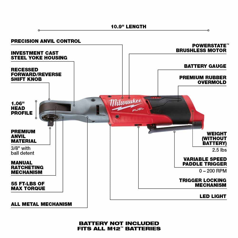 Milwaukee 2557-20 M12 FUEL 3/8 Ratchet, Bare Tool