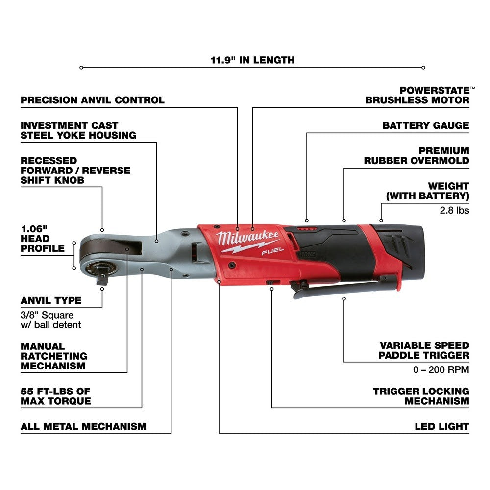 Milwaukee 2557-22 M12 FUEL 3/8 Ratchet 2 Battery Kit