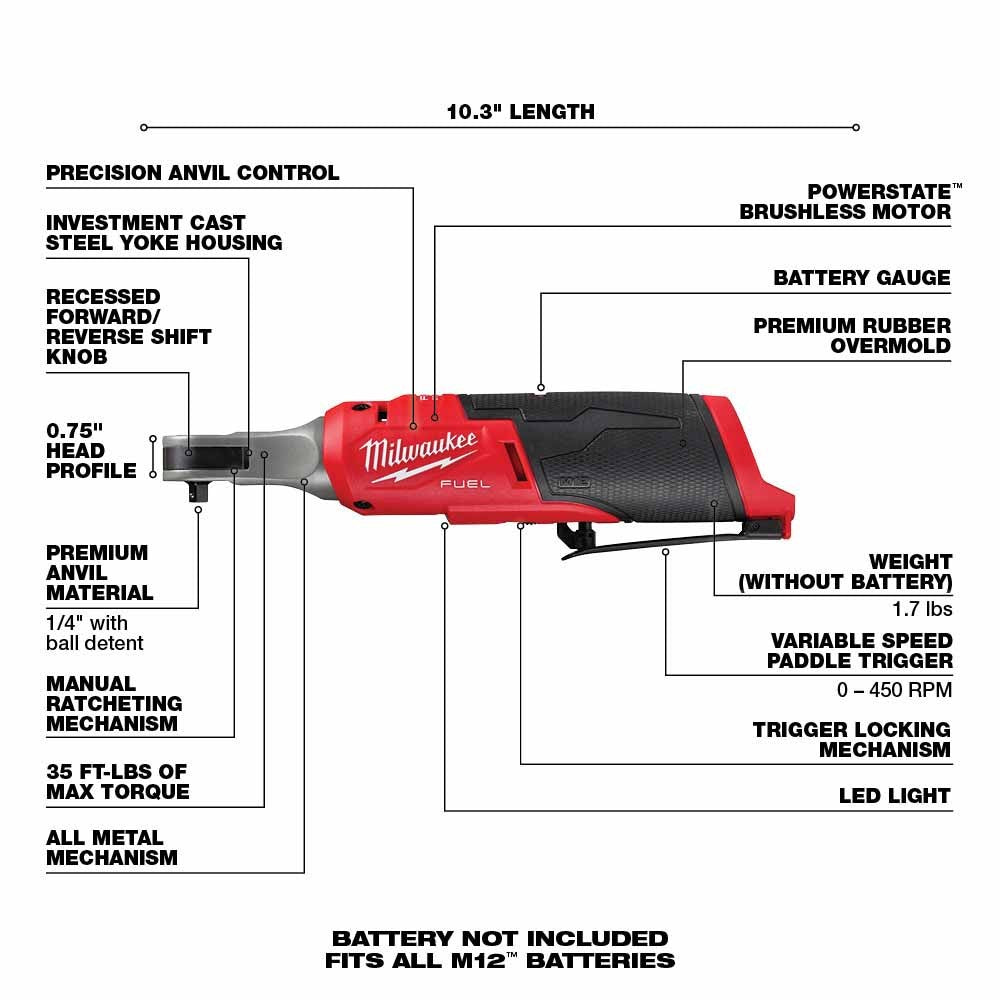 Milwaukee 2566-20 M12 FUEL™ 1/4 High Speed Ratchet, Bare Tool