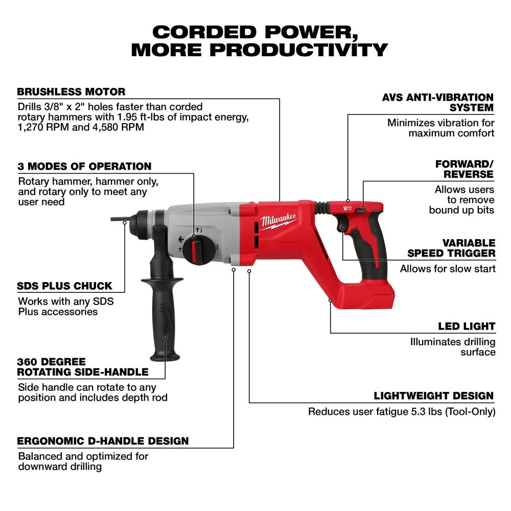 Milwaukee 2613-20 M18 Brushless 1 SDS Plus D-Handle Rotary Hammer