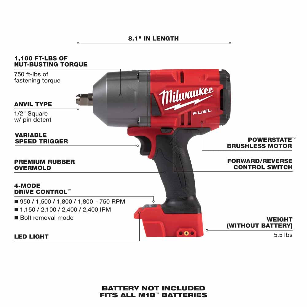 Milwaukee 2766-20 M18 FUEL 1/2 High Torque Impact Wrench w/Pin Detent