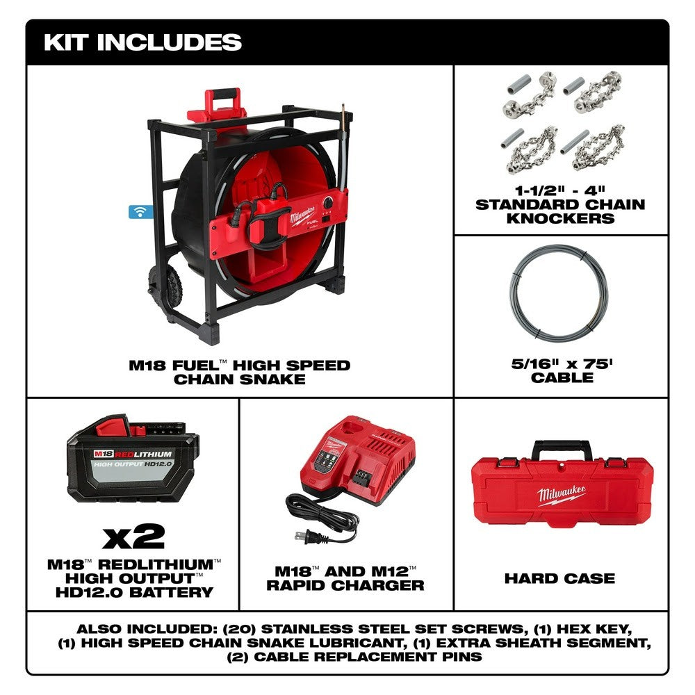 Milwaukee 2819-22 M18 FUEL High Speed Chain Snake for 1-1/2 – 4 Pipes