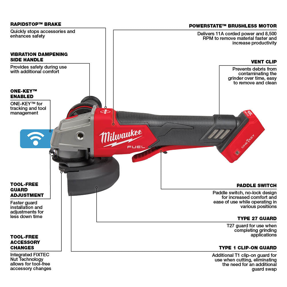 Milwaukee 2882-20 M18 FUEL™ 4-1/2 / 5 Braking Grinder w/ ONE-KEY™  Paddle Switch, No-Lock
