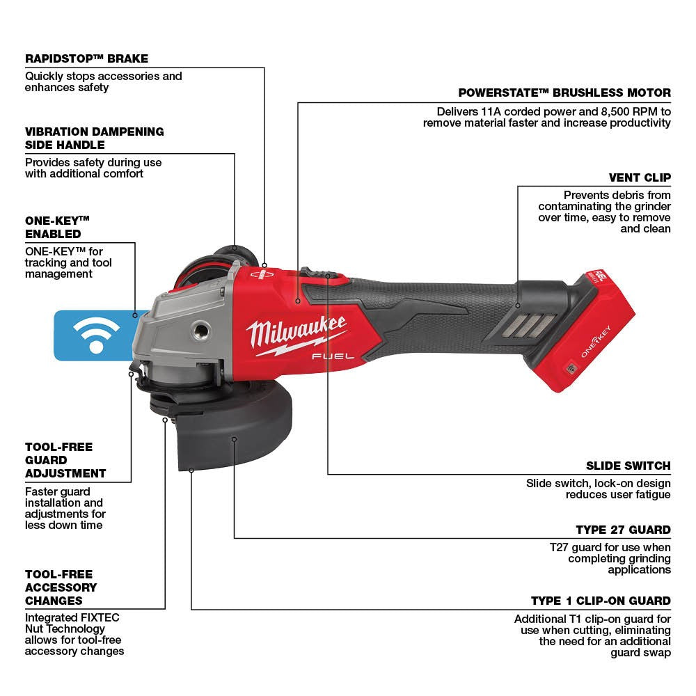 Milwaukee 2883-20 M18 FUEL™ 4-1/2/5 Braking Grinder w/ ONE-KEY™  Slide Switch, Lock-On, Bare