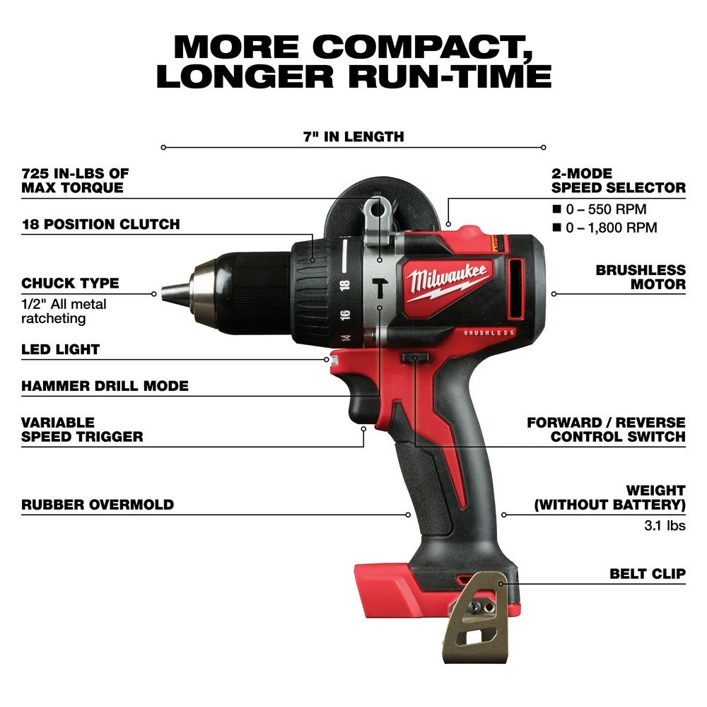 Milwaukee 2902-20 M18 Brushless 1/2 Hammer Drill, Bare Tool