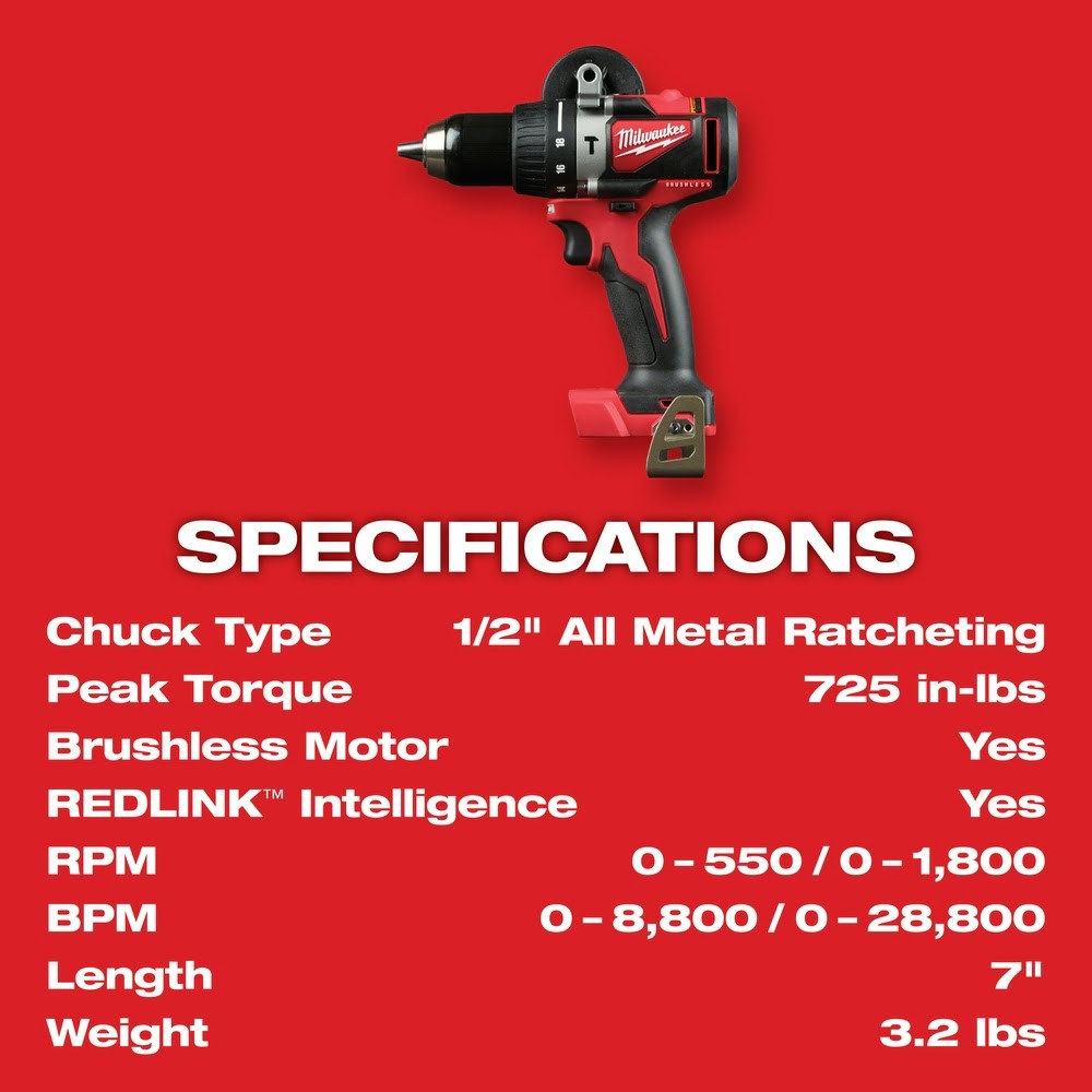 Milwaukee 2902-20 M18 Brushless 1/2 Hammer Drill, Bare Tool