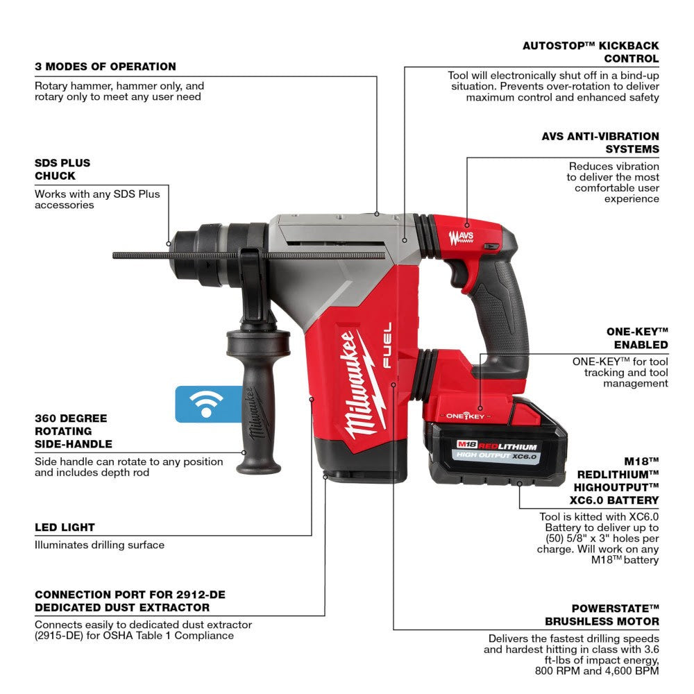 Milwaukee 2915-22DE M18 FUEL 1-1/8” SDS Plus Rotary Hammer Kit with Dedicated Dust Extractor - (2) XC6.0 Battery Pack