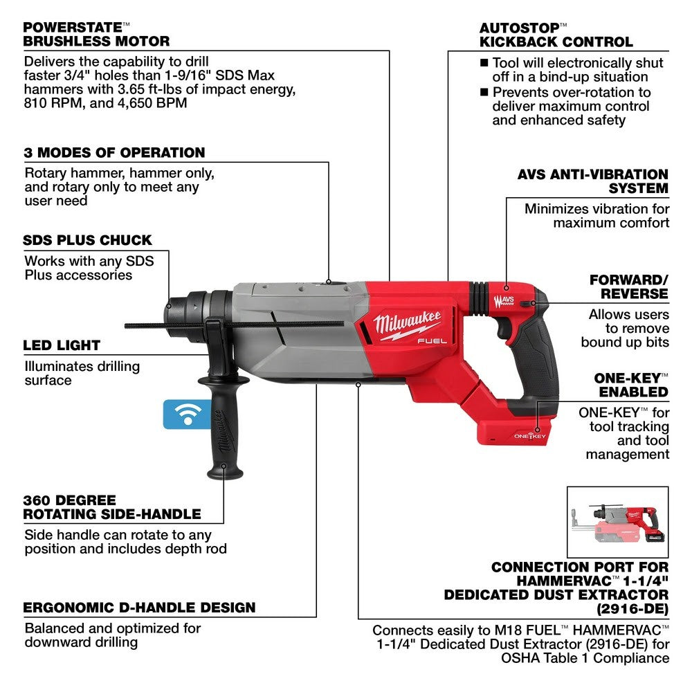 Milwaukee 2916-20 M18 FUEL 1-1/4 SDS Plus D-Handle Rotary Hammer w/ ONE-KEY, Bare Tool