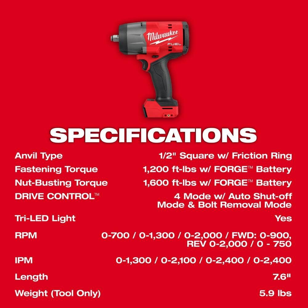 Milwaukee 2967-20 M18 FUEL 1/2 High Torque Impact Wrench w/ Friction Ring