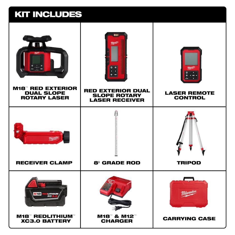 Milwaukee 3704-21T M18 Red Exterior Dual Slope Rotary Laser Level Kit w/ Receiver, Remote, Grade Rod & Tripod