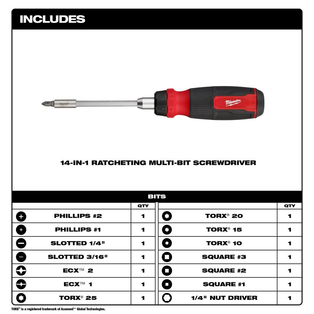 Milwaukee 48-22-2905 2pc 14-in-1 Ratcheting Multi-Bit and 8-in-1 Ratcheting Compact Multi-bit Screwdriver Set