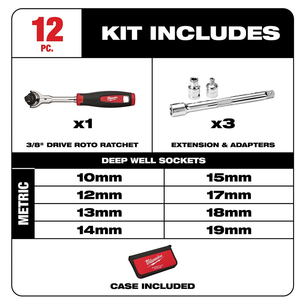 Milwaukee 48-22-9001 12 Piece 3/8 Drive Metric Socket Set