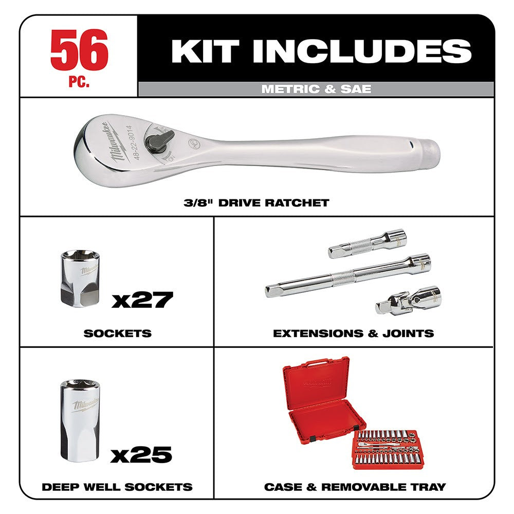 Milwaukee 48-22-9008 3/8 Drive 56 Piece Ratchet & Socket Set - SAE & Metric