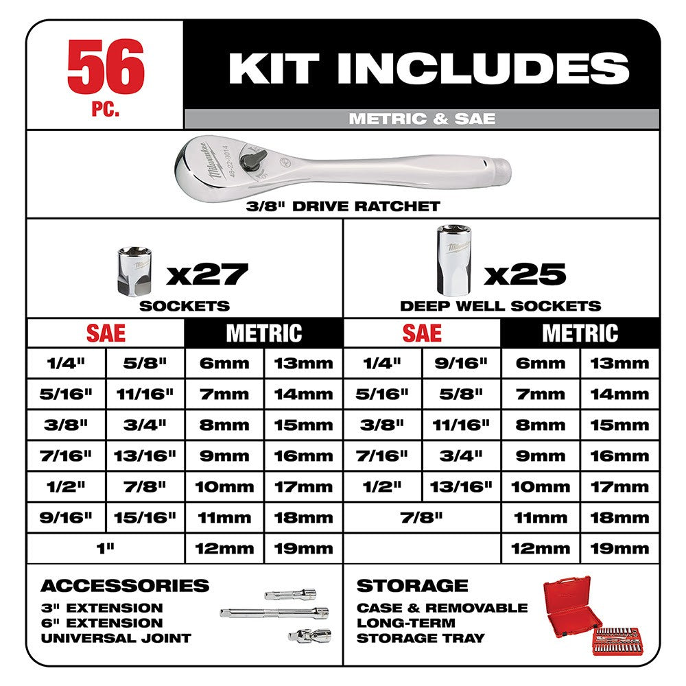 Milwaukee 48-22-9008 3/8 Drive 56 Piece Ratchet & Socket Set - SAE & Metric